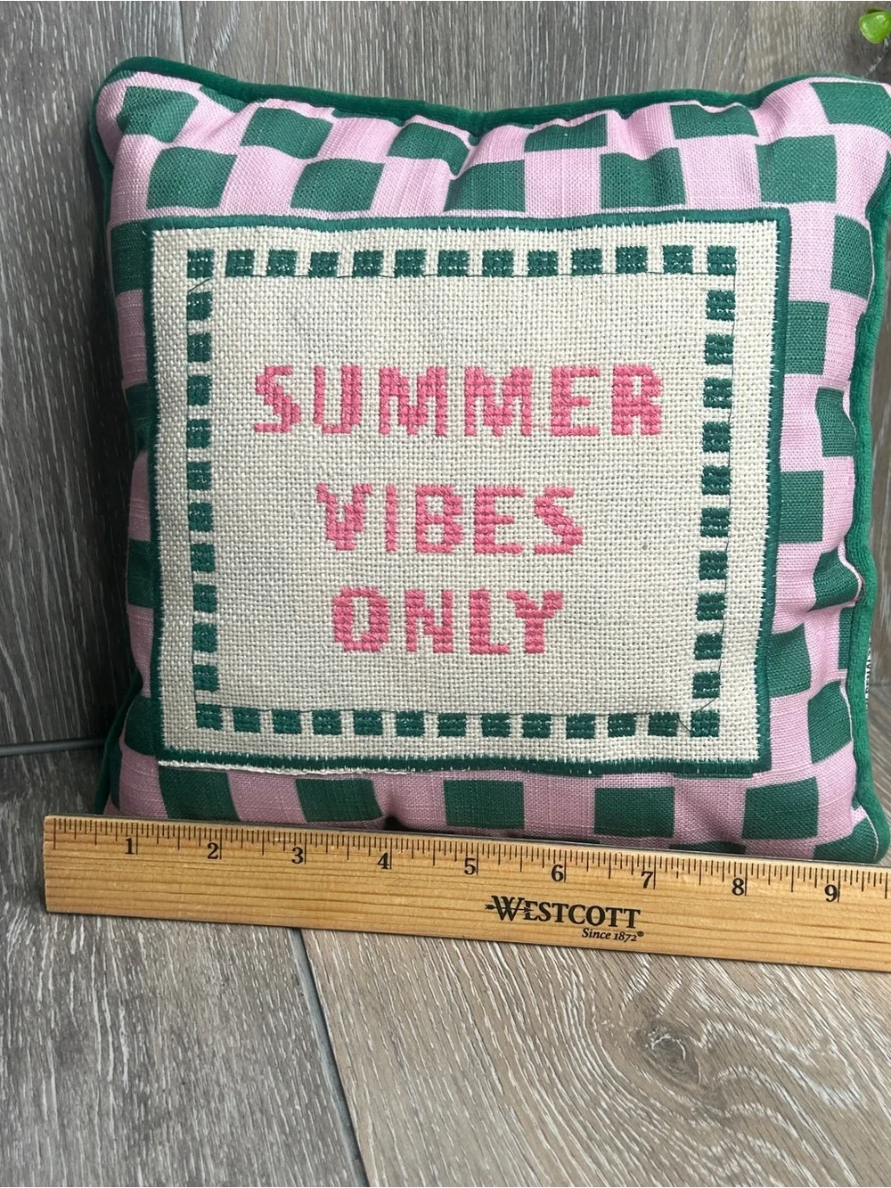 Kirklands Summer Vibes Only Decorative Pillow • 10x10 • Pink Green Checkered